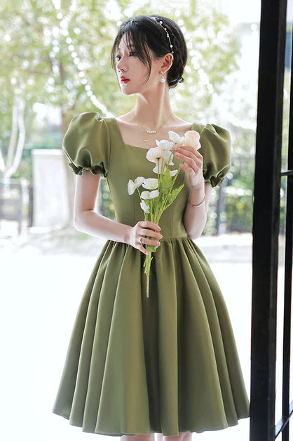 Green Puff Sleeve Square Neck Short Party Dress Prom Dress Homecoming Dress