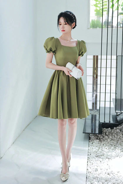 Green Puff Sleeve Square Neck Short Party Dress Prom Dress Homecoming Dress