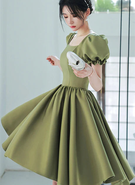 Green Puff Sleeve Square Neck Short Party Dress Prom Dress Homecoming Dress