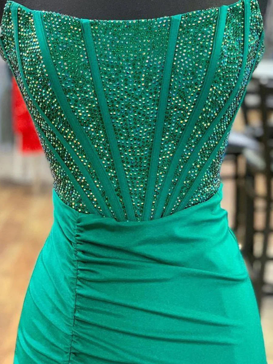 Green Satin  Beading Mermaid Strapless Side Slit Corset Long Prom Dress Evening Dress