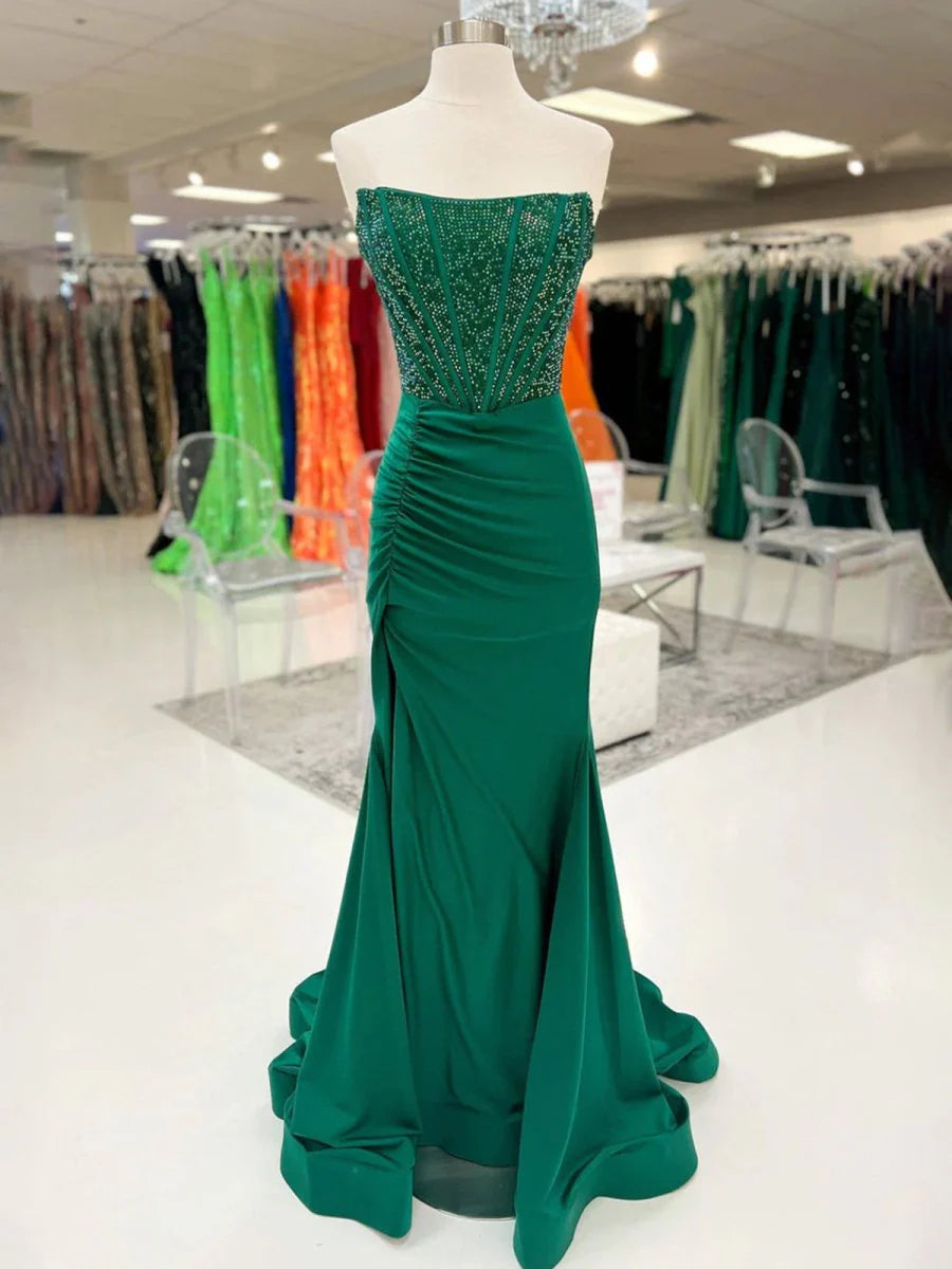 Green Satin  Beading Mermaid Strapless Side Slit Corset Long Prom Dress Evening Dress