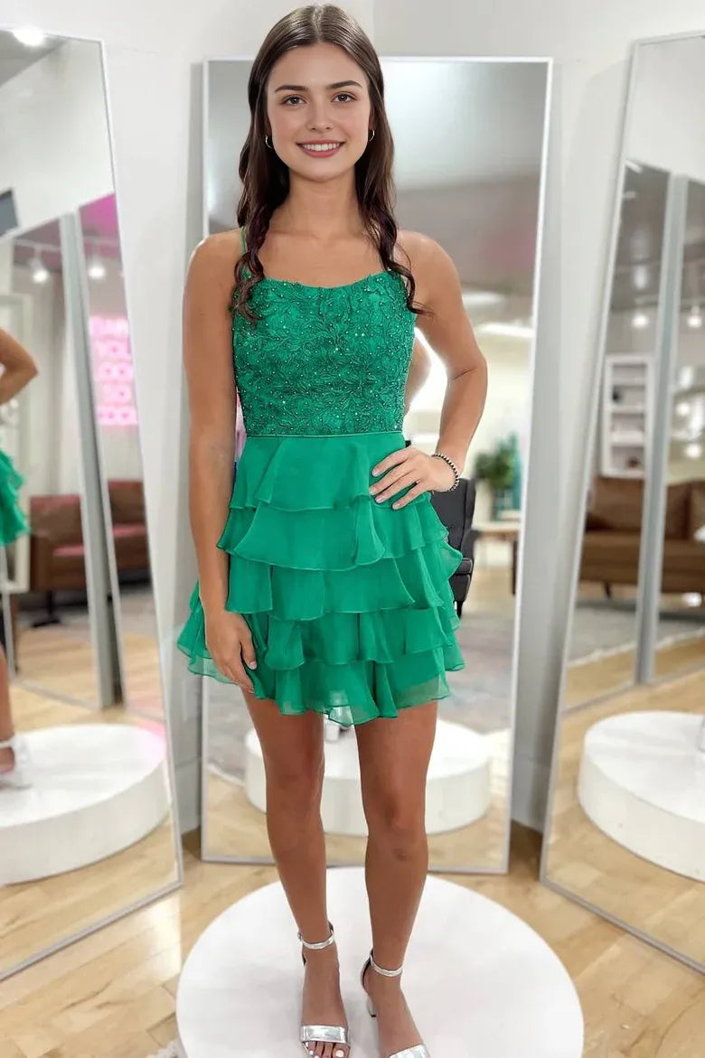 Green Satin Chiffon Spaghetti Straps A-Line Tiered Ruffle Homecoming Dress With Rhinestone