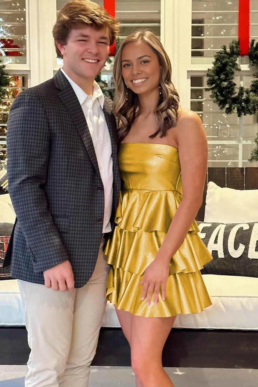 Green Satin Metallic A-Line Strapless Empire-Waist Tiered Ruffles Short Homecoming Dress