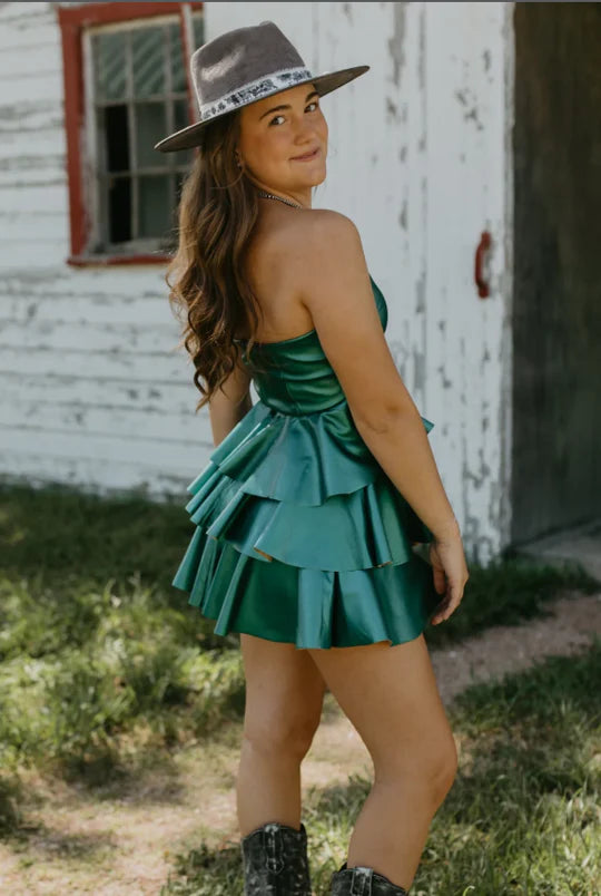 Green Satin Metallic A-Line Strapless Empire-Waist Tiered Ruffles Short Homecoming Dress