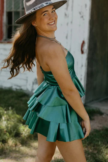 Green Satin Metallic A-Line Strapless Empire-Waist Tiered Ruffles Short Homecoming Dress