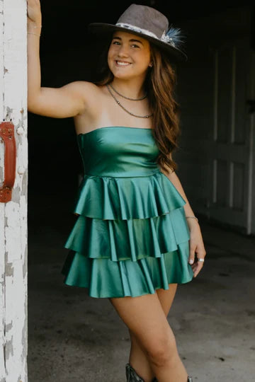 Green Satin Metallic A-Line Strapless Empire-Waist Tiered Ruffles Short Homecoming Dress