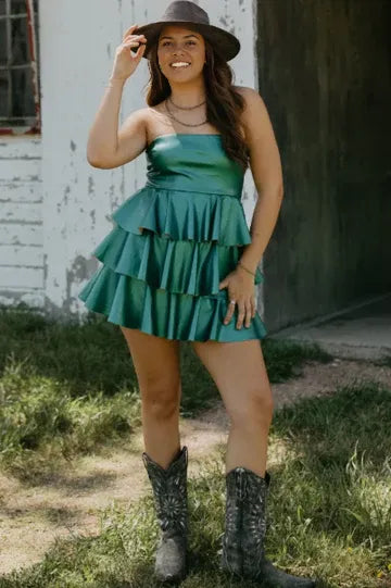 Green Satin Metallic A-Line Strapless Empire-Waist Tiered Ruffles Short Homecoming Dress