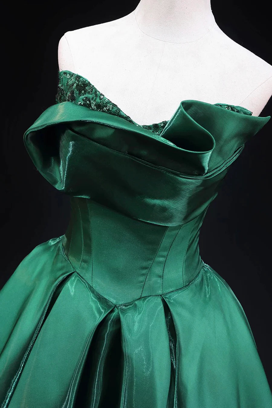 Green Satin Sequins Strapless A-Line Floor Length Long Prom Dress Evening Party Dress