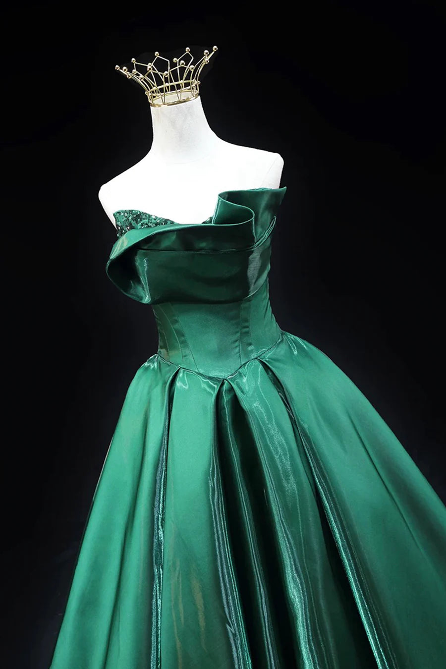 Green Satin Sequins Strapless A-Line Floor Length Long Prom Dress Evening Party Dress
