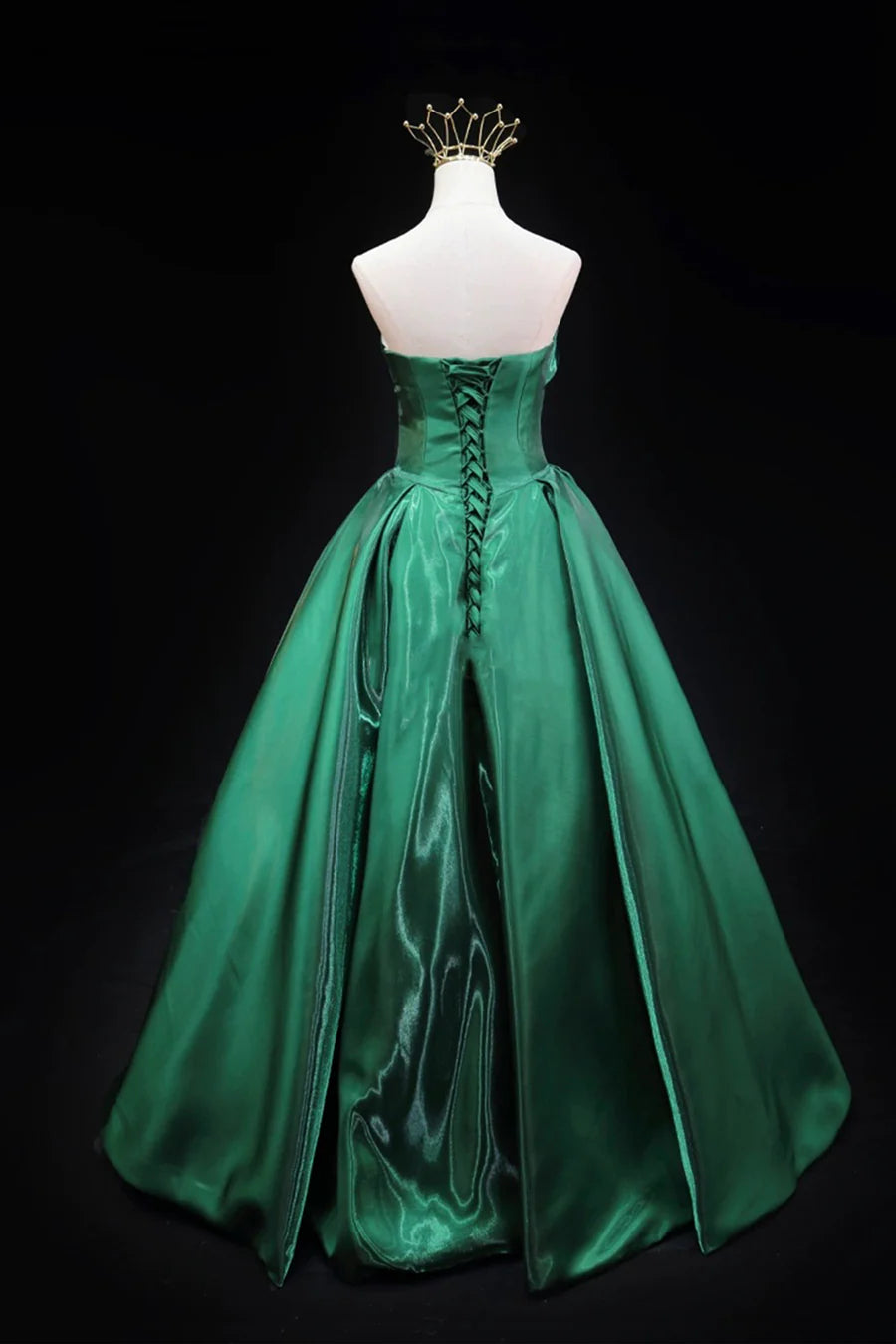 Green Satin Sequins Strapless A-Line Floor Length Long Prom Dress Evening Party Dress