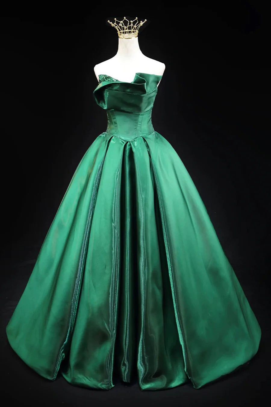 Green Satin Sequins Strapless A-Line Floor Length Long Prom Dress Evening Party Dress