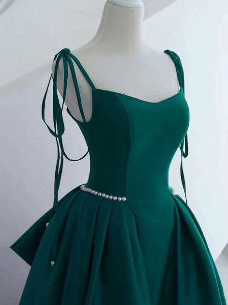 Green Satin Spaghetti Straps Beaded A-line Long With Bow Party Dress Evening Dress Prom Dress