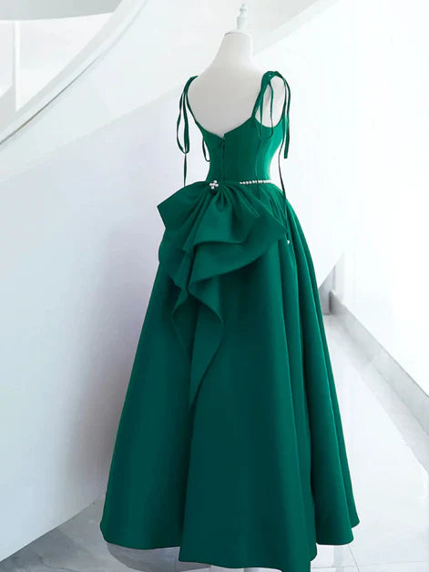 Green Satin Spaghetti Straps Beaded A-line Long With Bow Party Dress Evening Dress Prom Dress