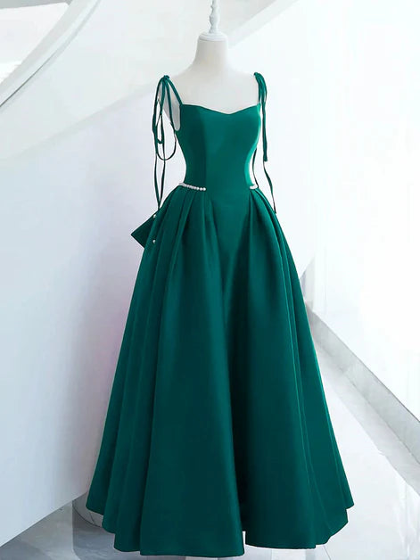 Green Satin Spaghetti Straps Beaded A-line Long With Bow Party Dress Evening Dress Prom Dress