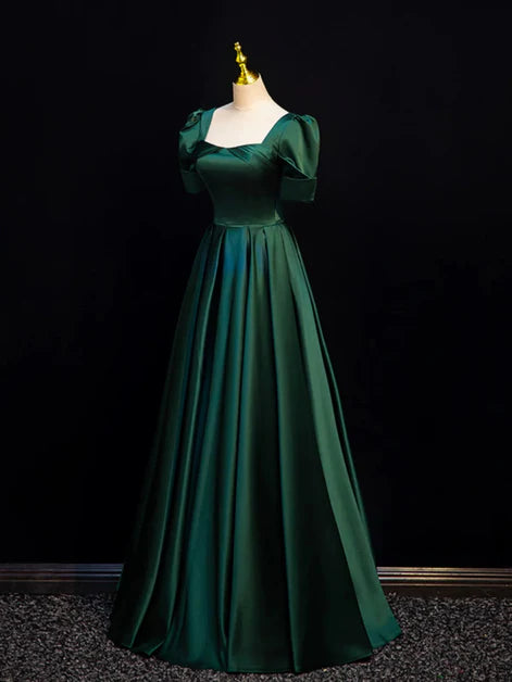 Green Satin Square Neck Short Sleeves Floor Length A-line Party Dress Prom Dress