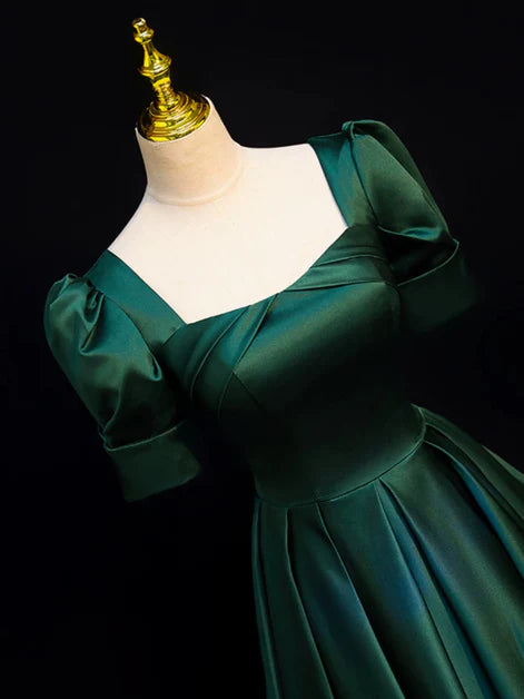 Green Satin Square Neck Short Sleeves Floor Length A-line Party Dress Prom Dress