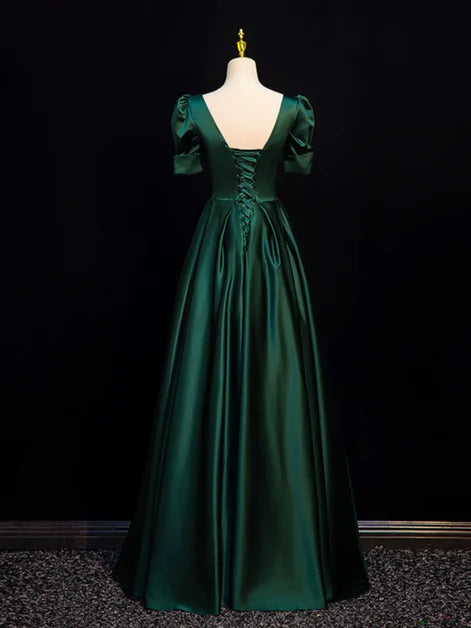 Green Satin Square Neck Short Sleeves Floor Length A-line Party Dress Prom Dress
