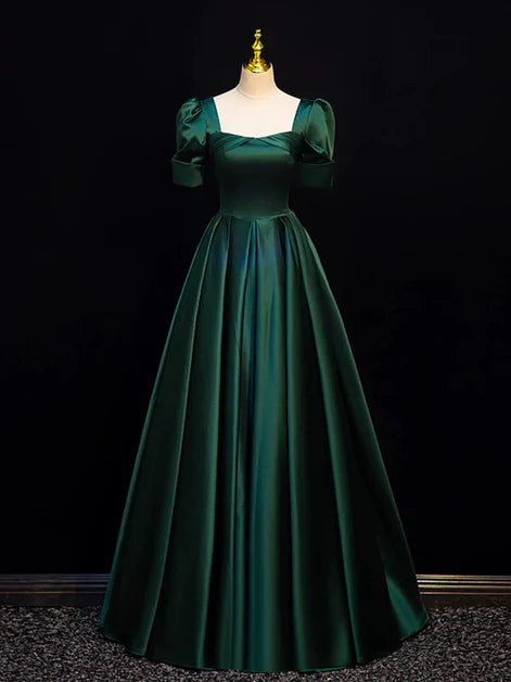 Green Satin Square Neck Short Sleeves Floor Length A-line Party Dress Prom Dress