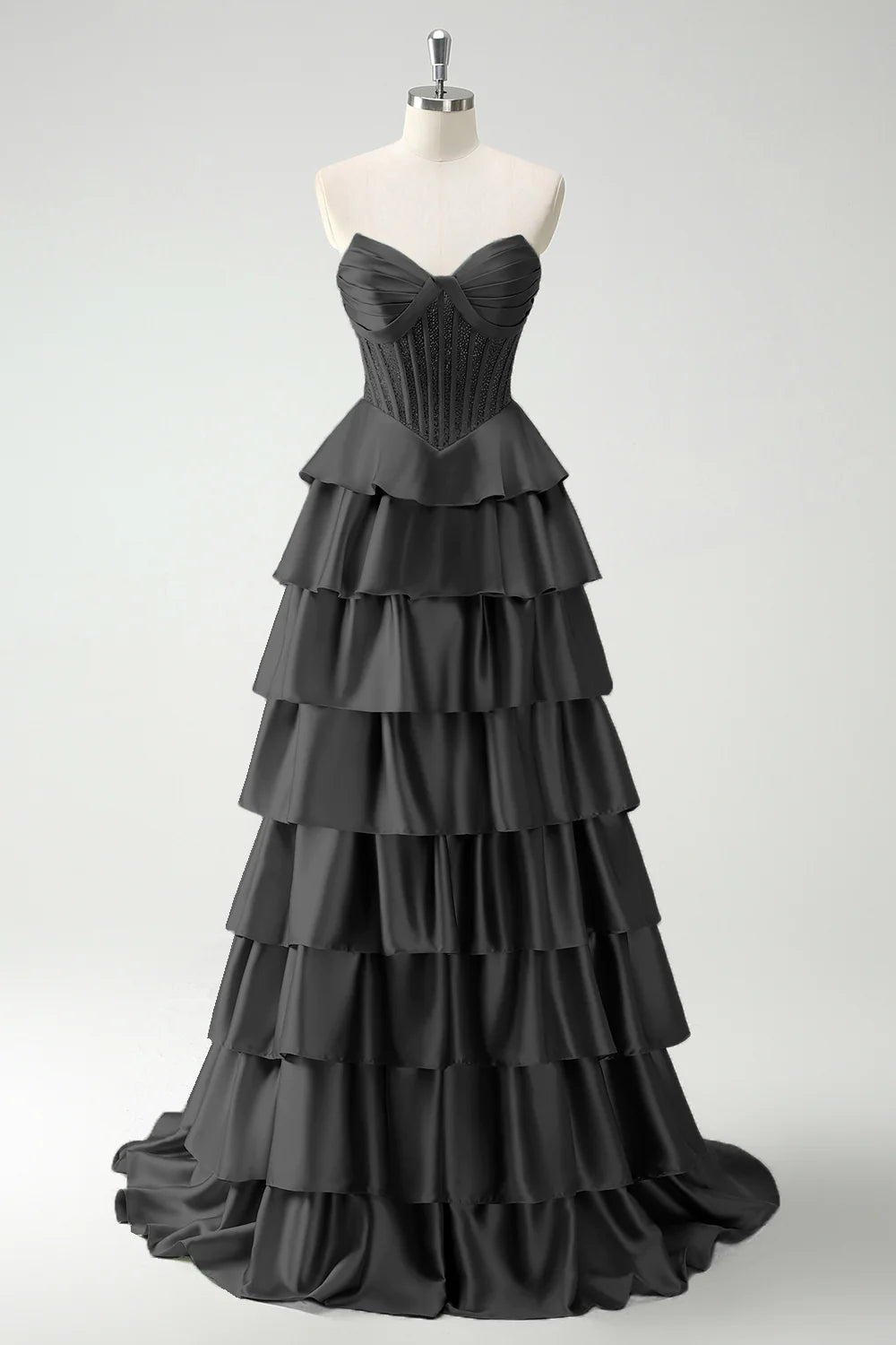 Green Satin Tiered Corset Sweetheart Princess Long Prom Dress Homecoming Dresses With Slit