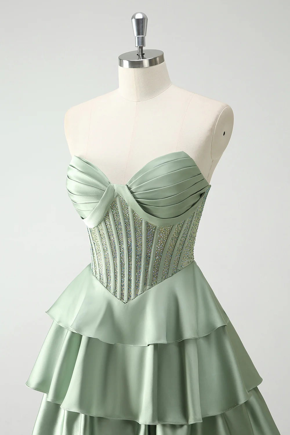 Green Satin Tiered Corset Sweetheart Princess Long Prom Dress Homecoming Dresses With Slit