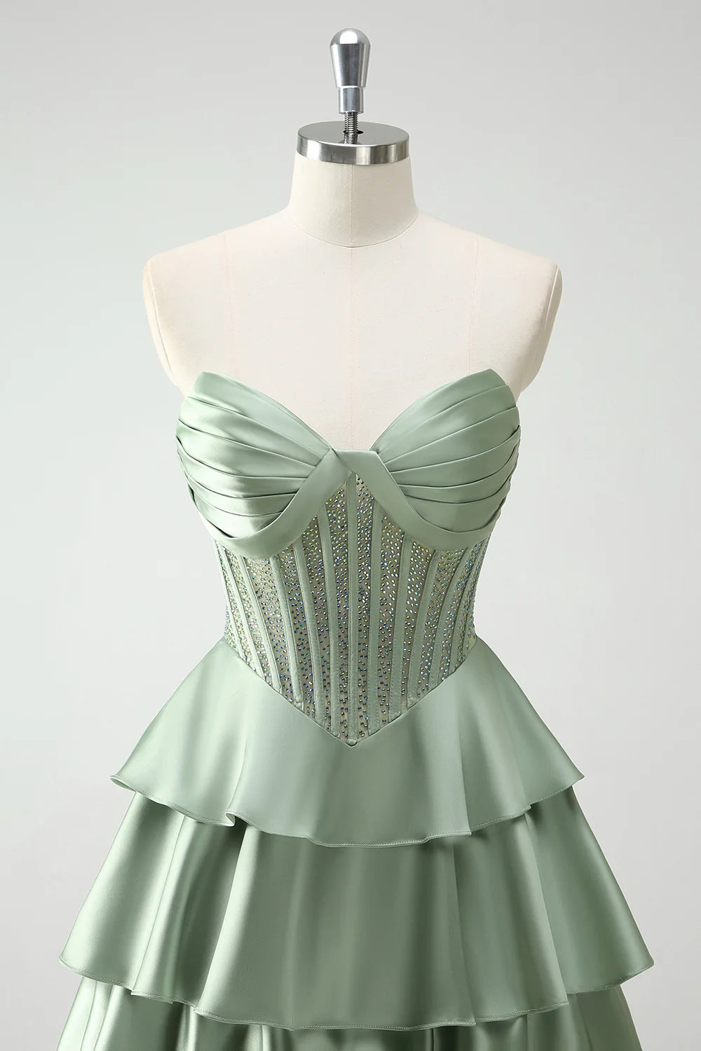 Green Satin Tiered Corset Sweetheart Princess Long Prom Dress Homecoming Dresses With Slit