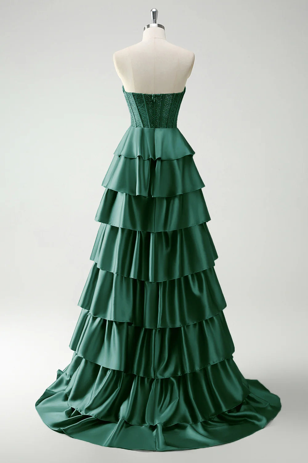 Green Satin Tiered Corset Sweetheart Princess Long Prom Dress Homecoming Dresses With Slit