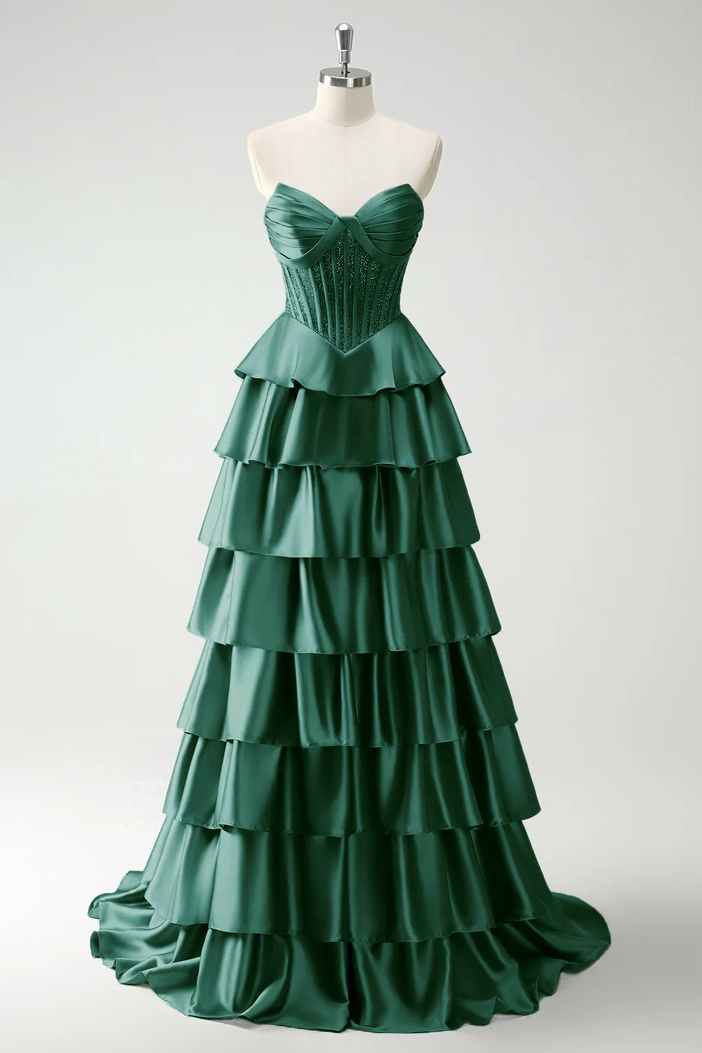 Green Satin Tiered Corset Sweetheart Princess Long Prom Dress Homecoming Dresses With Slit