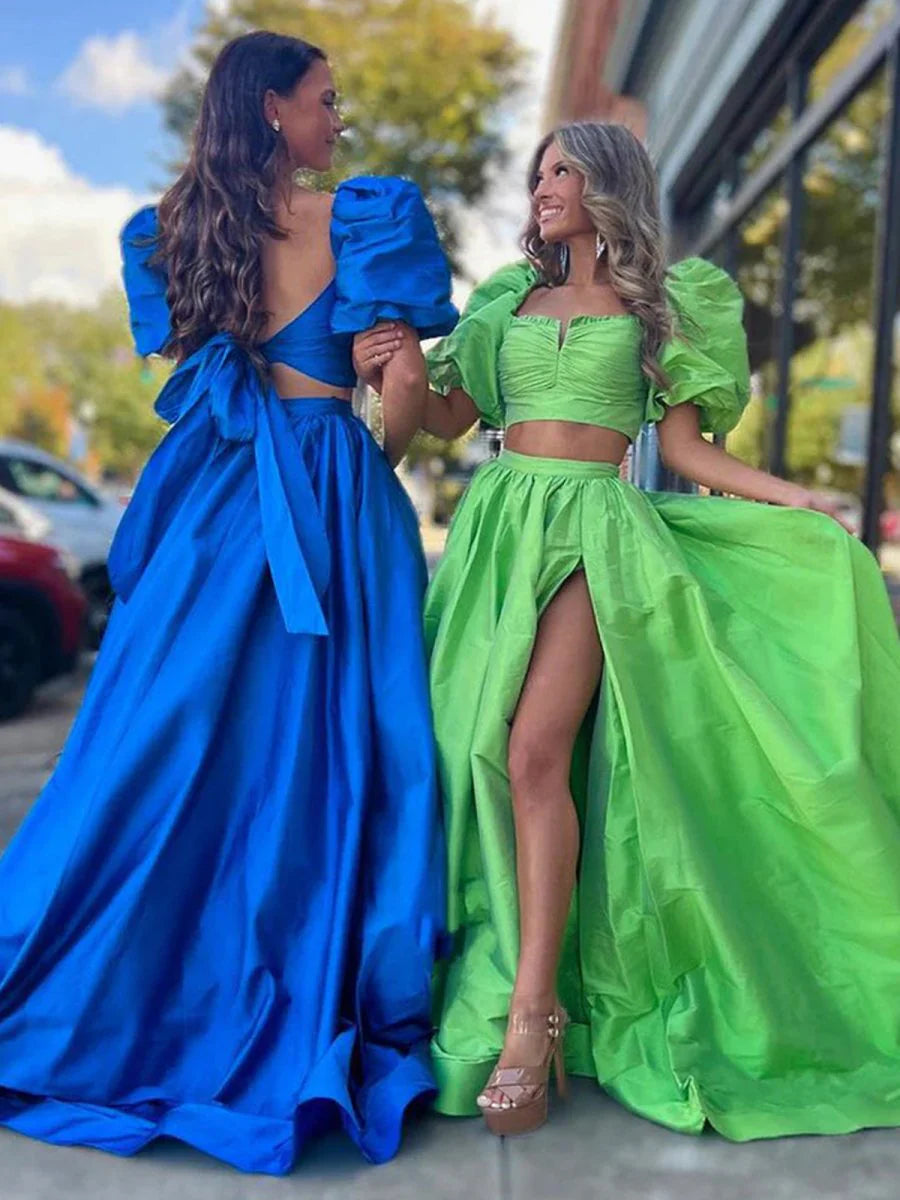Green Satin Two-Piece Puff Sleeves Long Prom Dress With Split Inexpensive Green Evening Dresses