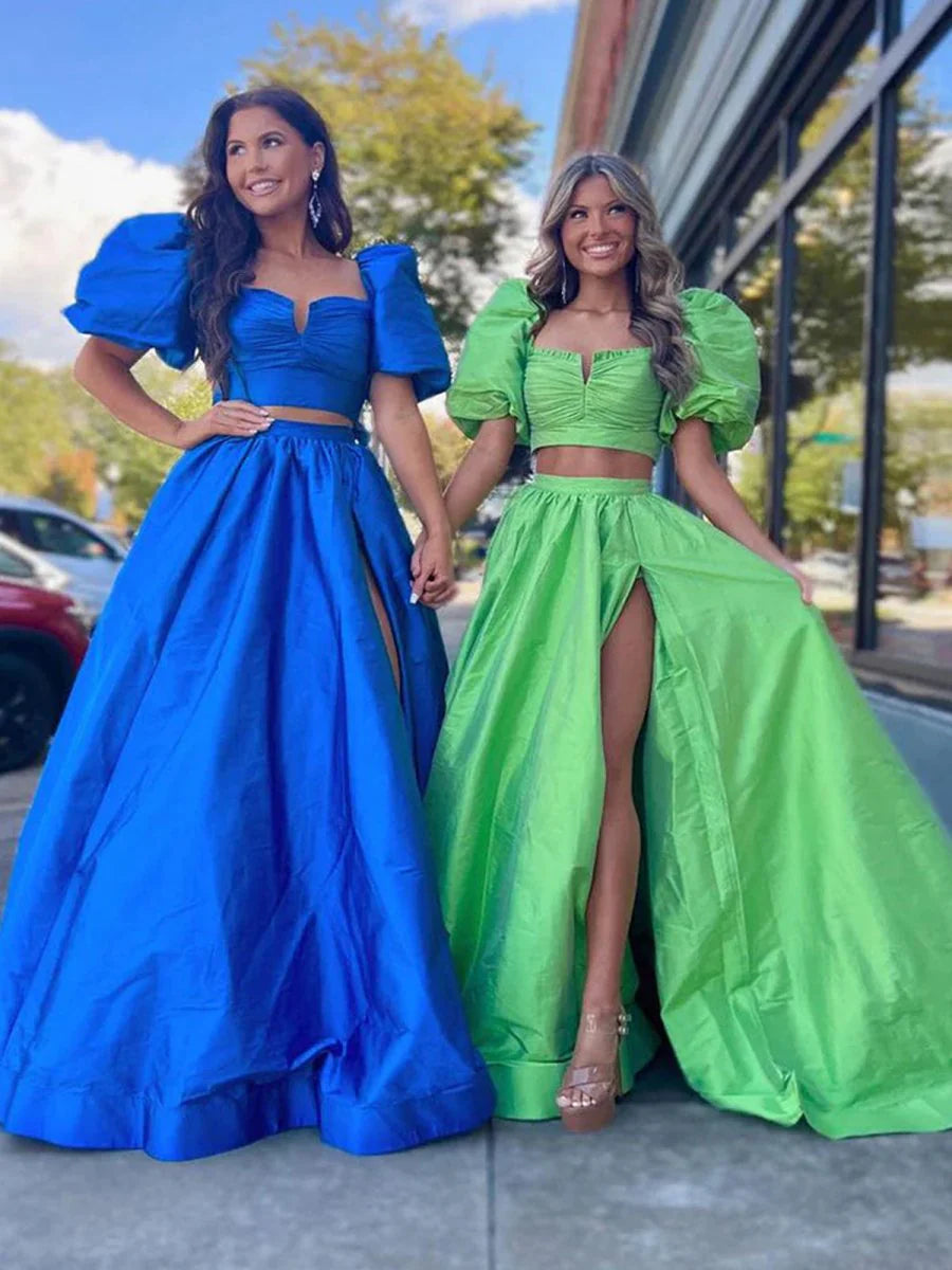 Green Satin Two-Piece Puff Sleeves Long Prom Dress With Split Inexpensive Green Evening Dresses