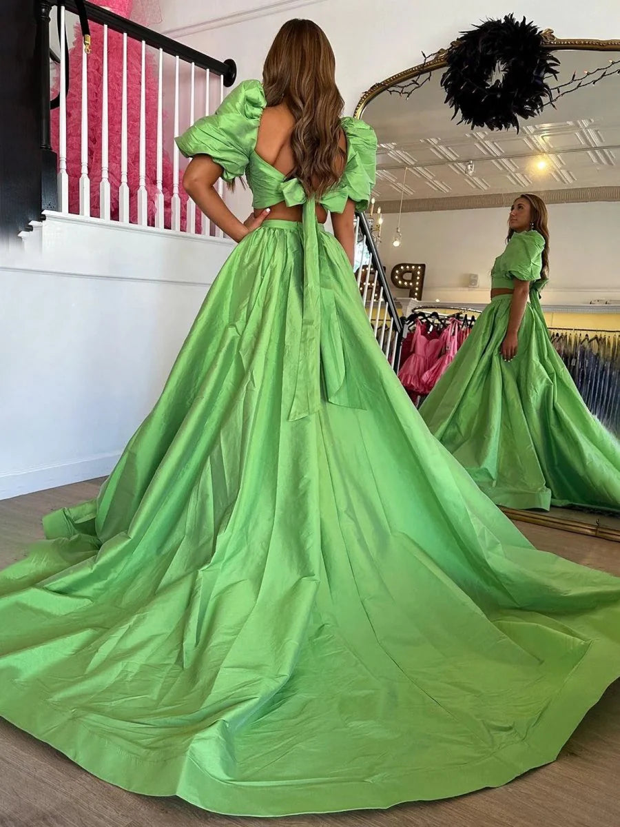Green Satin Two-Piece Puff Sleeves Long Prom Dress With Split Inexpensive Green Evening Dresses