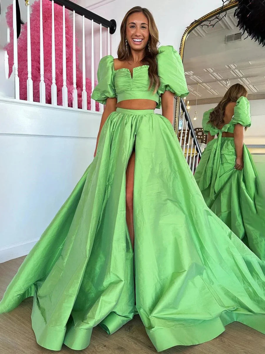 Green Satin Two-Piece Puff Sleeves Long Prom Dress With Split Inexpensive Green Evening Dresses