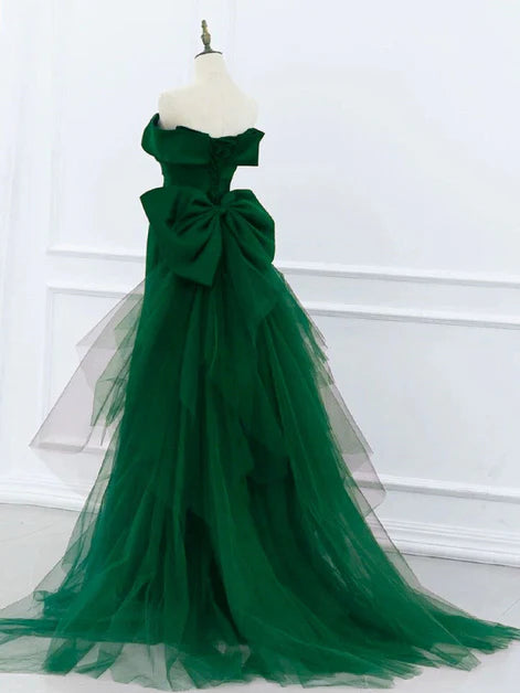 Green Satin and Tulle With Bow Off Shoulder Party Dress Prom Dress