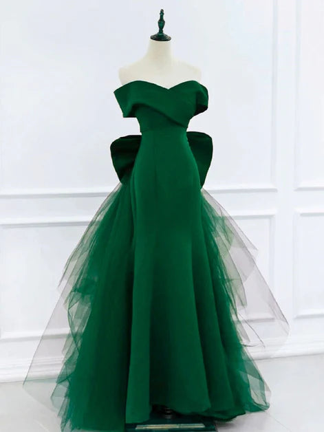 Green Satin and Tulle With Bow Off Shoulder Party Dress Prom Dress