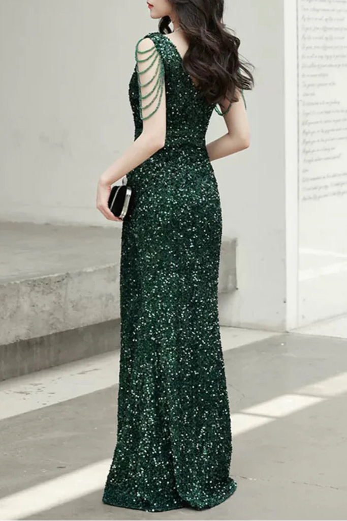 Green Sequins Beaded V Neck Floor Length Prom Dress V-Neck Evening Party Dress With Slit