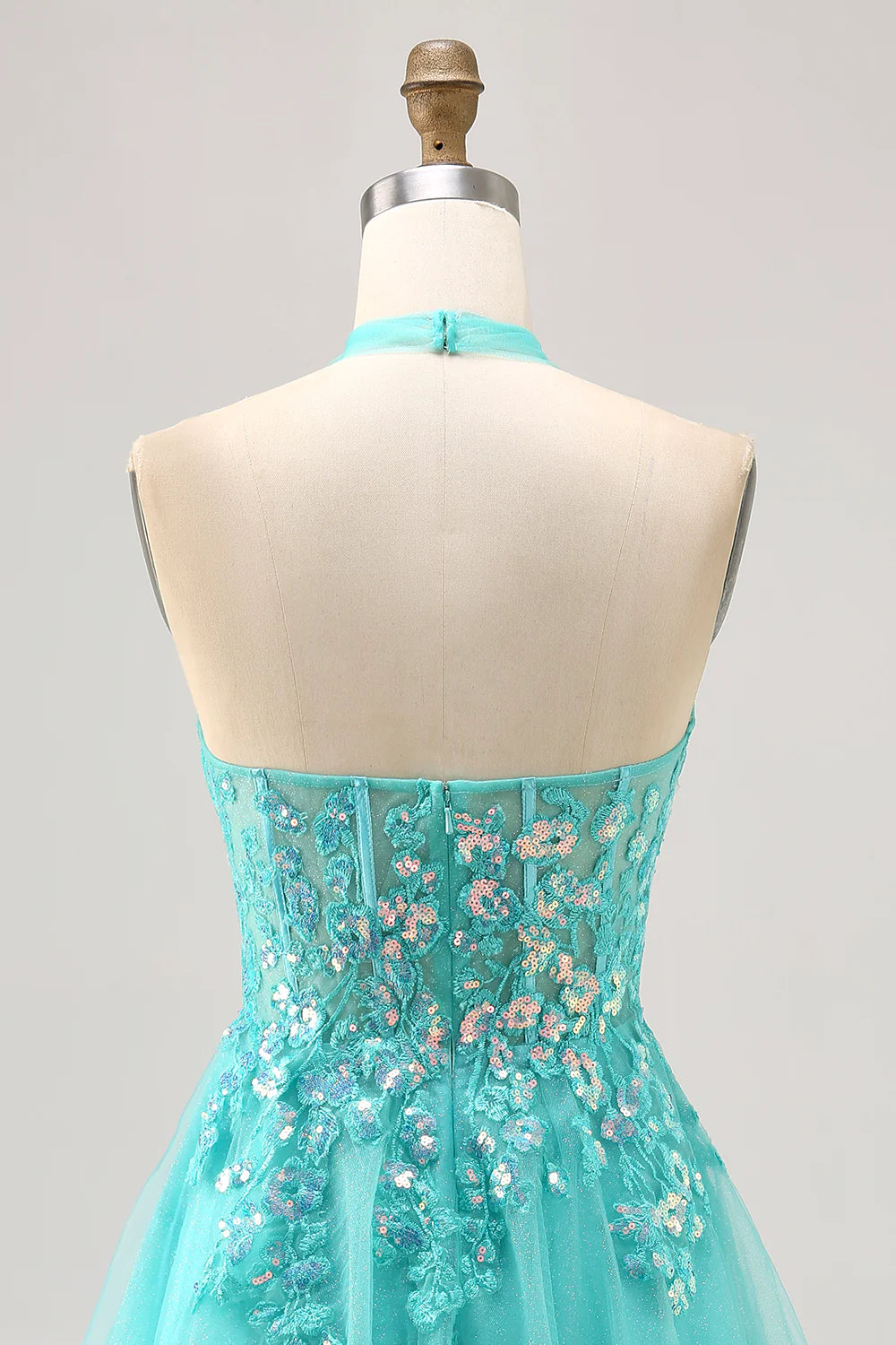 Green Sequins With Applique Halter Open Back Corset A Line Short Homecoming Dress