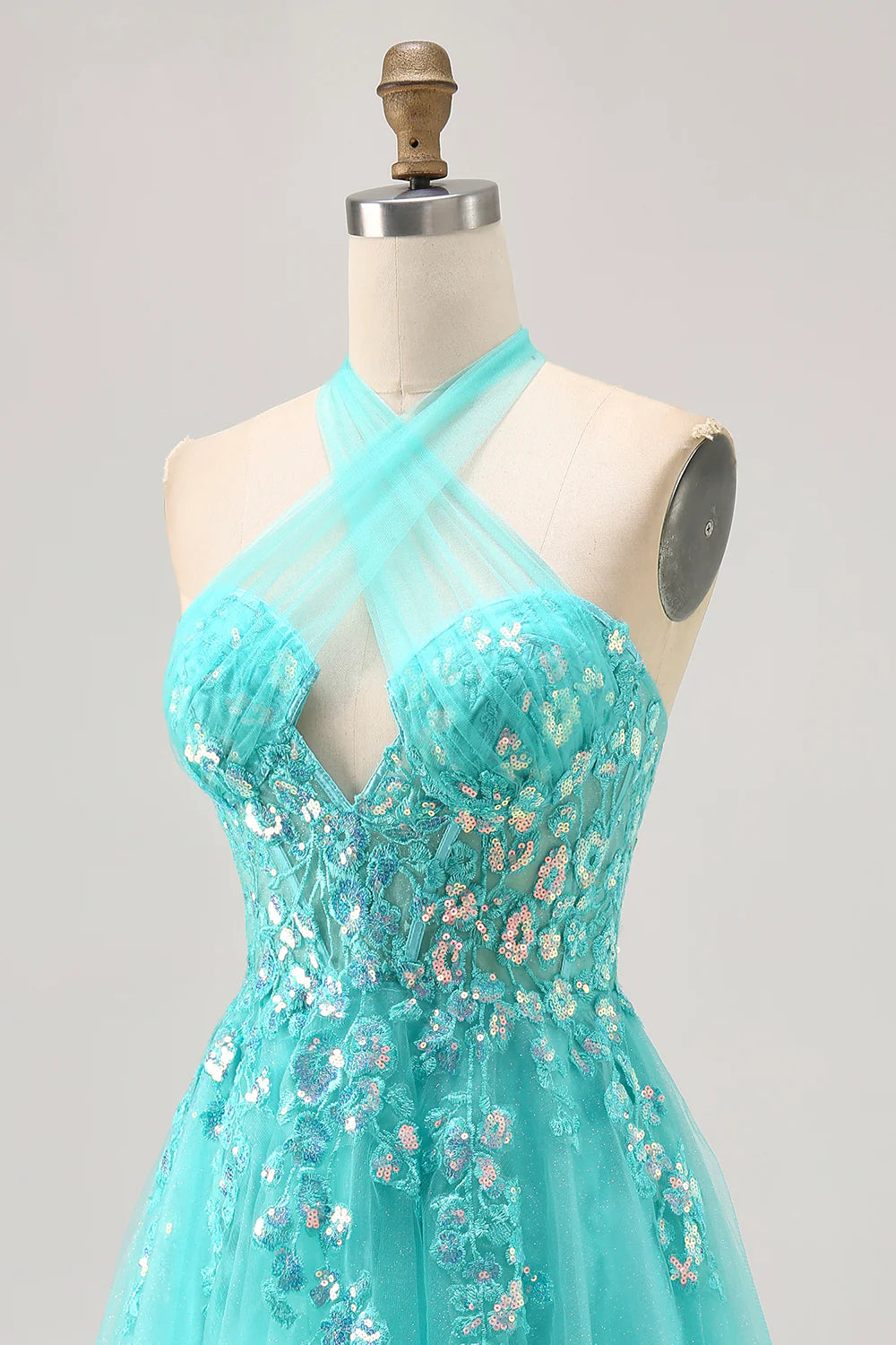 Green Sequins With Applique Halter Open Back Corset A Line Short Homecoming Dress