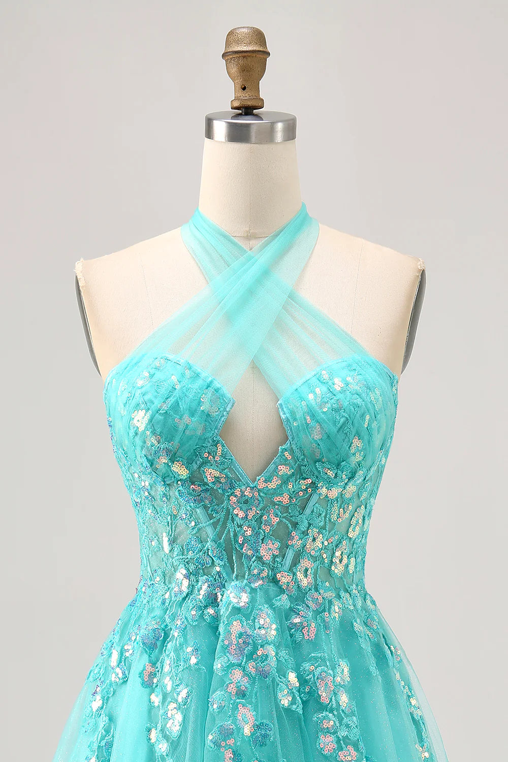 Green Sequins With Applique Halter Open Back Corset A Line Short Homecoming Dress