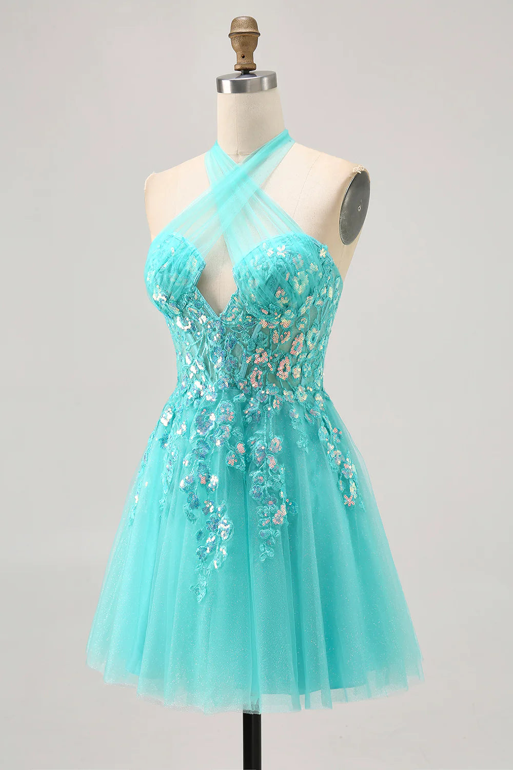 Green Sequins With Applique Halter Open Back Corset A Line Short Homecoming Dress