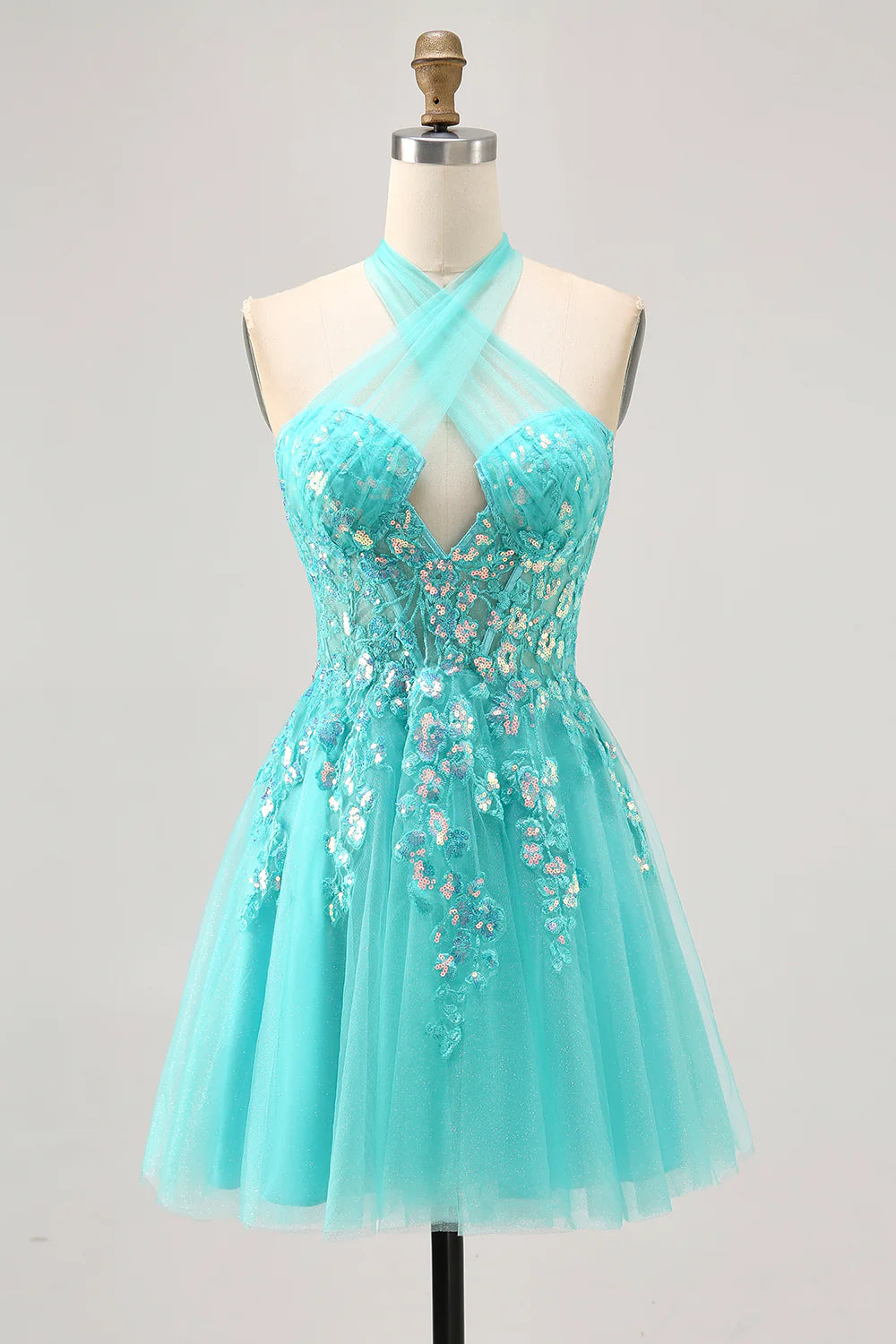 Green Sequins With Applique Halter Open Back Corset A Line Short Homecoming Dress