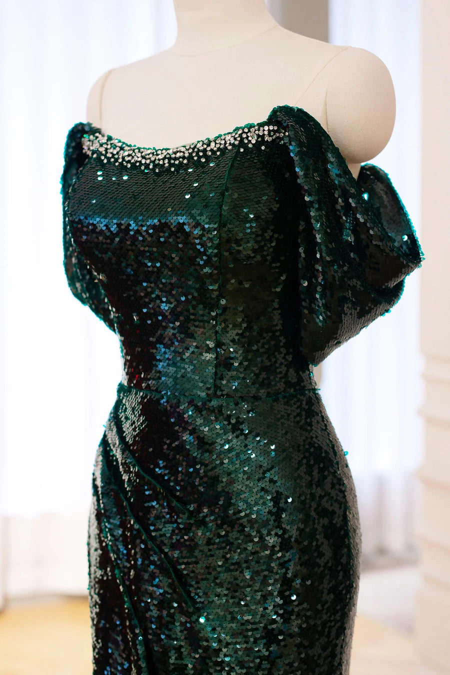 Green Sequins With Beaded Mermaid Strapless Long Prom Dress Evening Party Dress