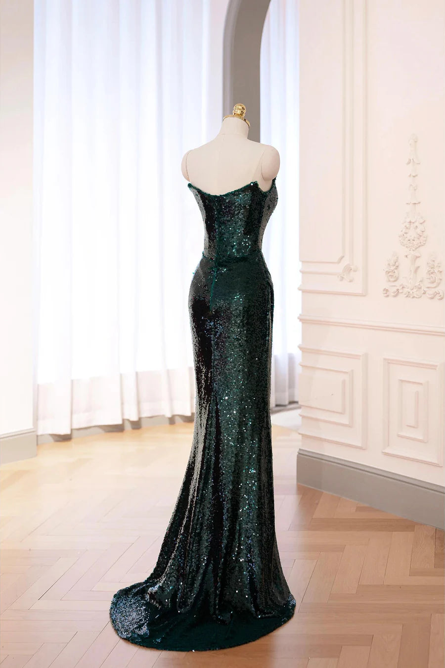 Green Sequins With Beaded Mermaid Strapless Long Prom Dress Evening Party Dress