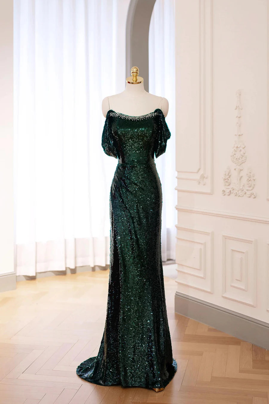 Green Sequins With Beaded Mermaid Strapless Long Prom Dress Evening Party Dress