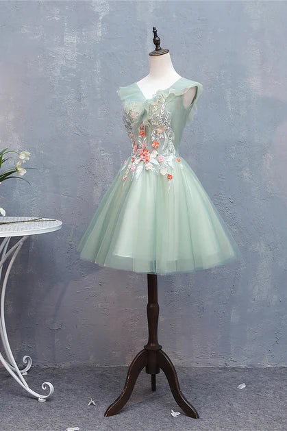 Green Short Tulle V-neckline with Flower Lace Party Dress Homecoming Dress