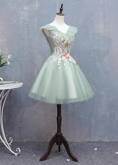Green Short Tulle V-neckline with Flower Lace Party Dress Homecoming Dress