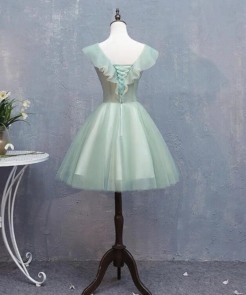 Green Short Tulle V-neckline with Flower Lace Party Dress Homecoming Dress