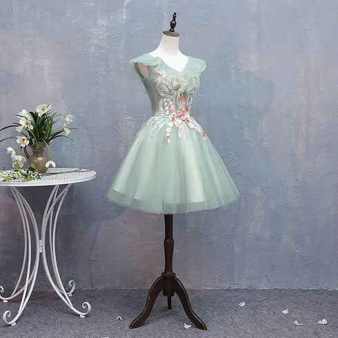 Green Short Tulle V-neckline with Flower Lace Party Dress Homecoming Dress