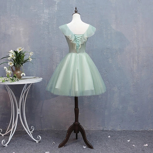 Green Short Tulle V-neckline with Flower Lace Party Dress Homecoming Dress