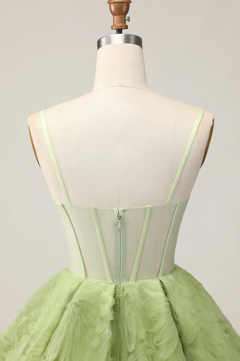 Green Spaghetti Straps A Line Strapless Sheer Corset Ruched Short Homecoming Party Dress