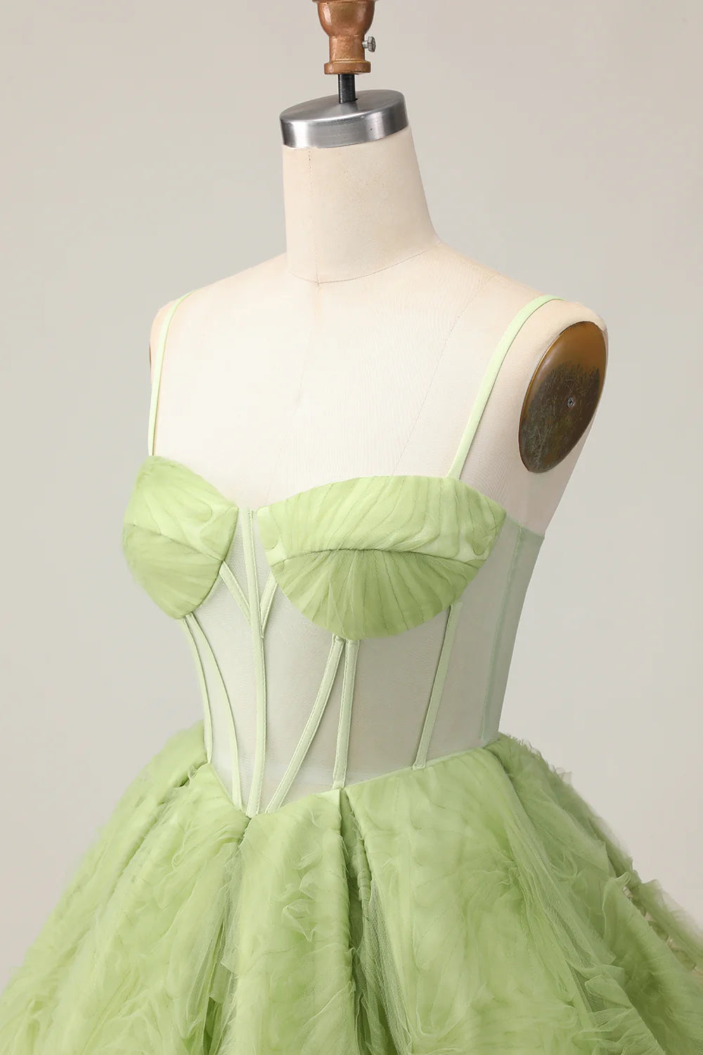 Green Spaghetti Straps A Line Strapless Sheer Corset Ruched Short Homecoming Party Dress