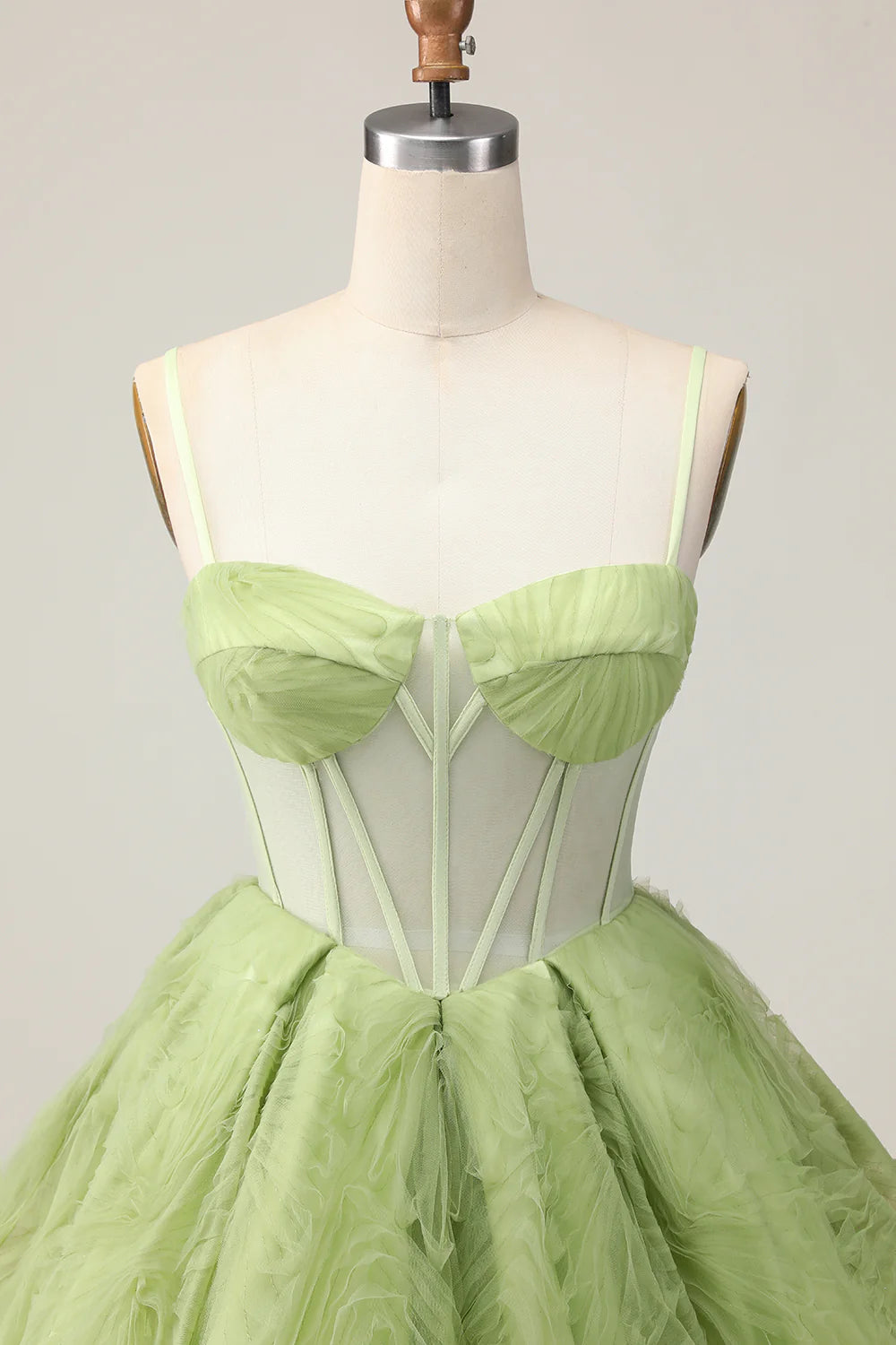 Green Spaghetti Straps A Line Strapless Sheer Corset Ruched Short Homecoming Party Dress